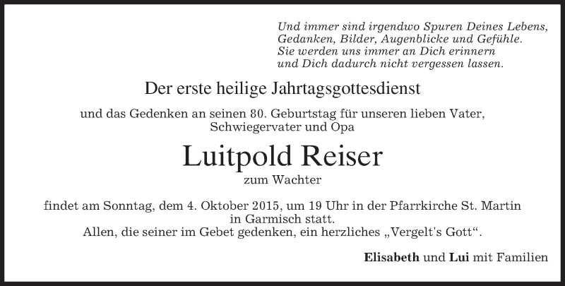  Traueranzeige für Luitpold Reiser vom 02.10.2015 aus 