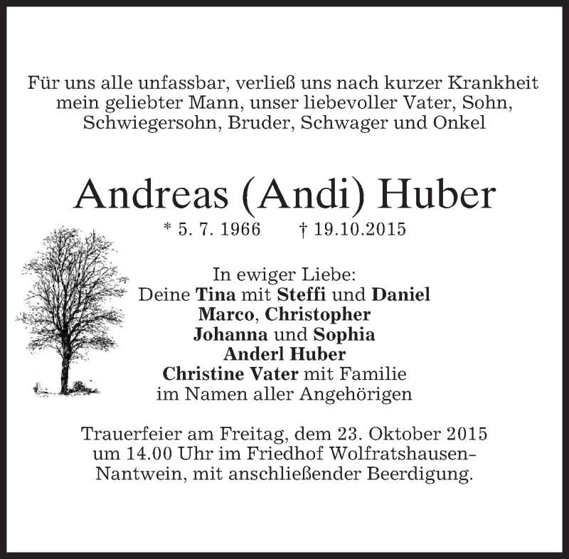  Traueranzeige für Andreas Huber vom 21.10.2015 aus 