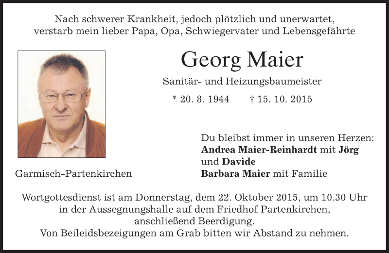  Traueranzeige für Georg Maier vom 19.10.2015 aus 