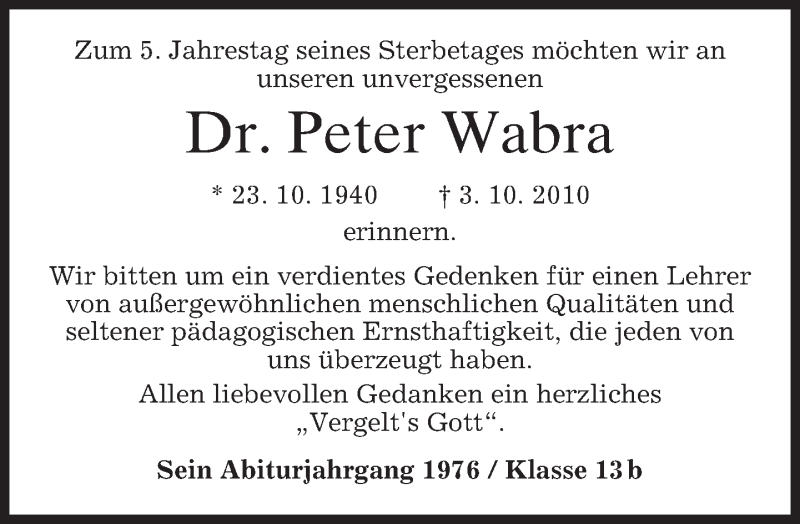  Traueranzeige für Peter Wabra vom 05.10.2015 aus 