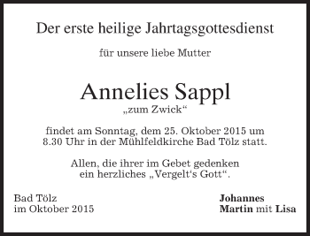 Traueranzeige von Annelies Sappl 