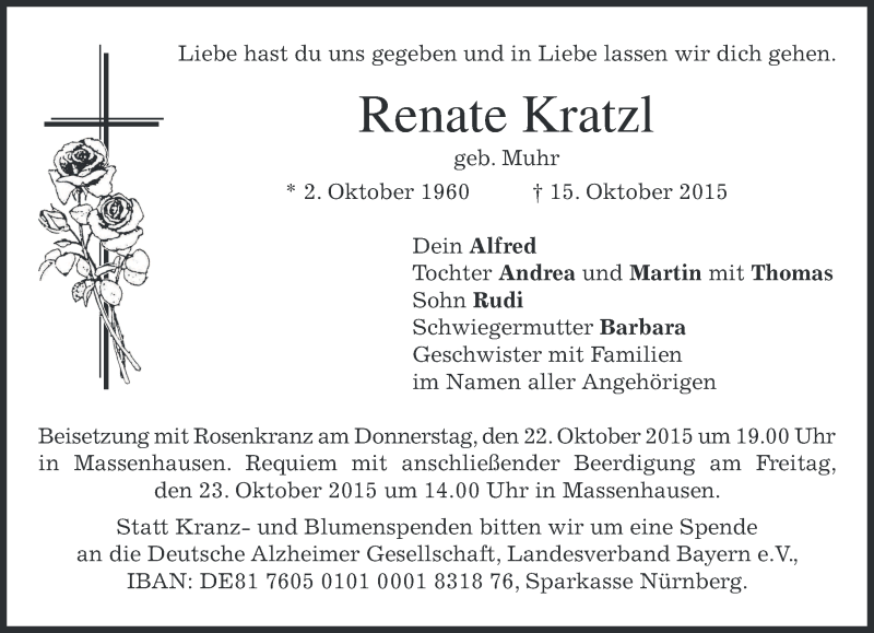  Traueranzeige für Renate Kratzl vom 20.10.2015 aus 