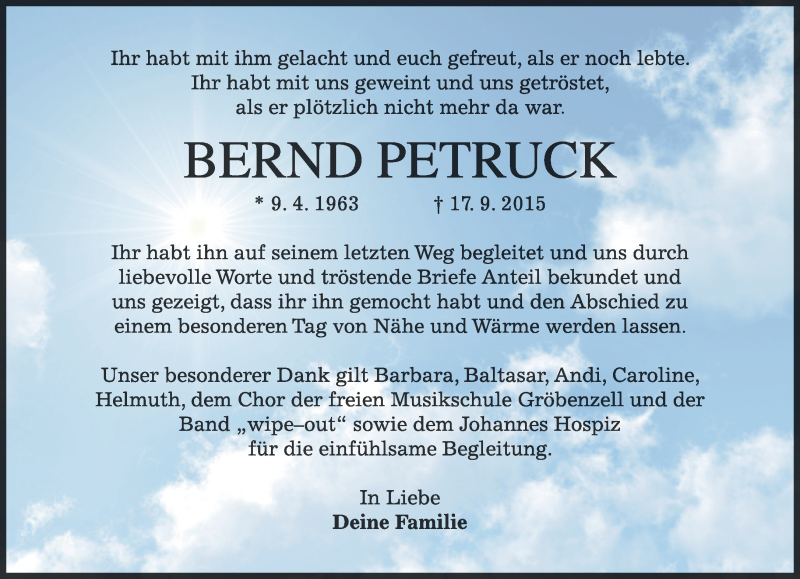  Traueranzeige für Bernd Petruck vom 09.10.2015 aus 