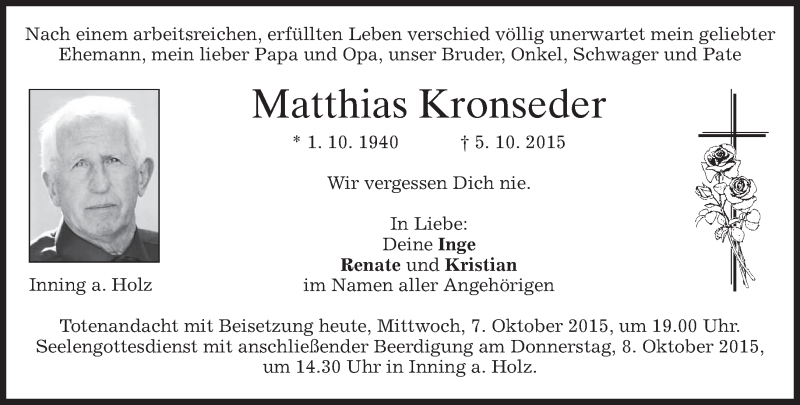  Traueranzeige für Matthias Kronseder vom 07.10.2015 aus 