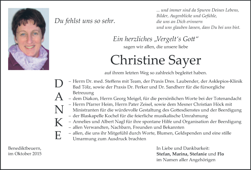  Traueranzeige für Christine Sayer vom 24.10.2015 aus 