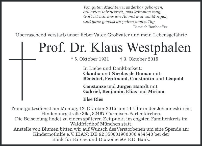  Traueranzeige für Klaus Westphalen vom 07.10.2015 aus 