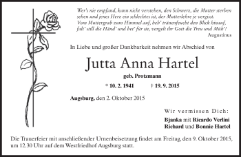Traueranzeige von Jutta Anna Hartel 