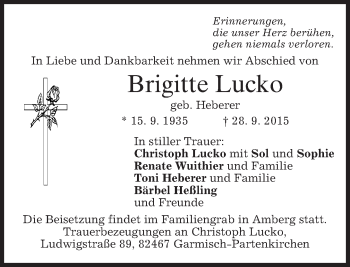 Traueranzeige von Brigitte Lucko 