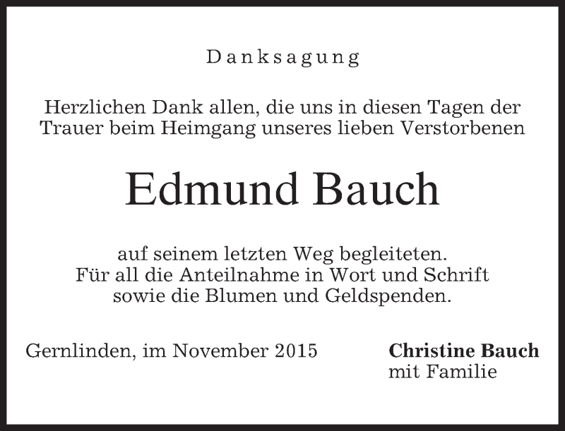  Traueranzeige für Edmund Bauch vom 07.11.2015 aus 
