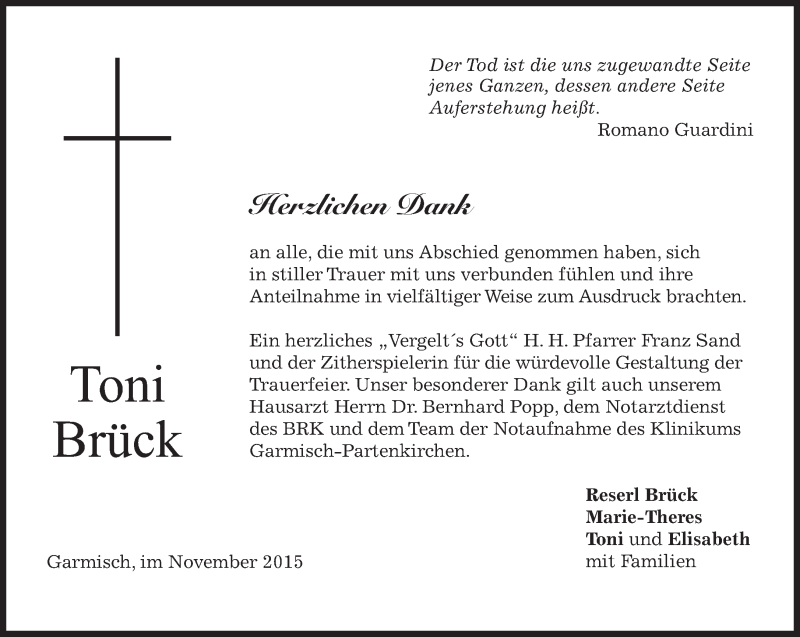  Traueranzeige für Toni Brück vom 21.11.2015 aus 
