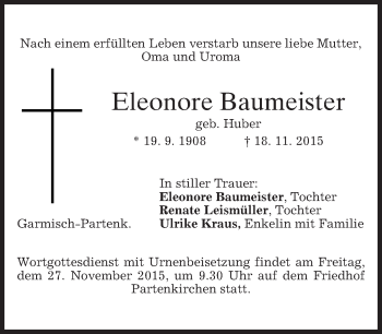 Traueranzeige von Eleonore Baumeister 