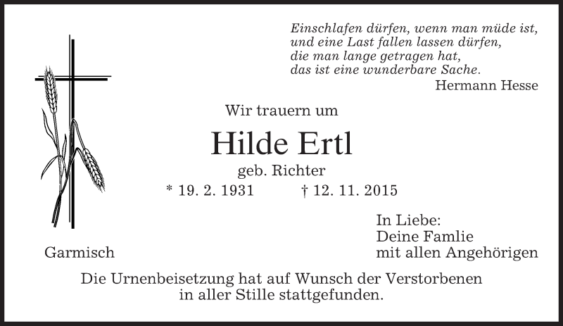 Traueranzeige für Hilde Ertl vom 21.11.2015 aus 