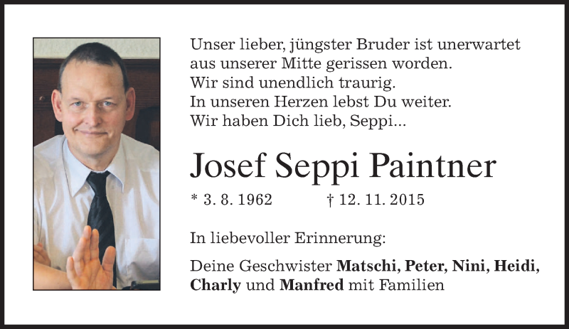  Traueranzeige für Josef Seppi Paintner vom 27.11.2015 aus 