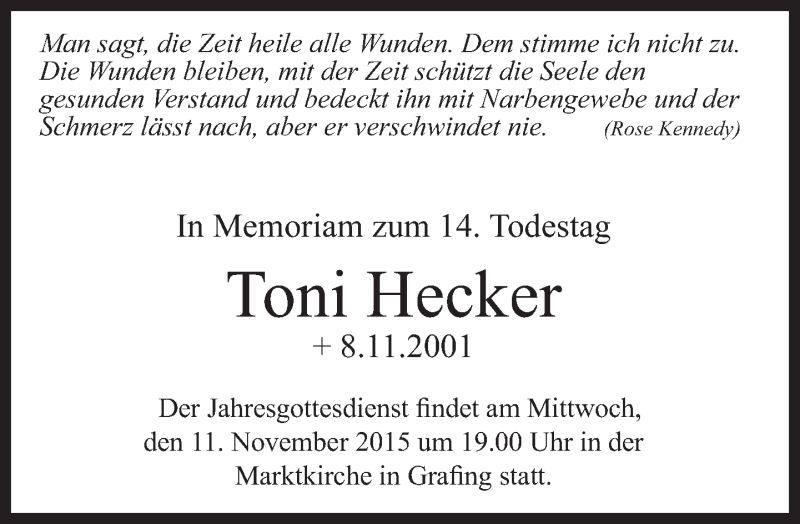  Traueranzeige für Toni Hecker vom 07.11.2015 aus 