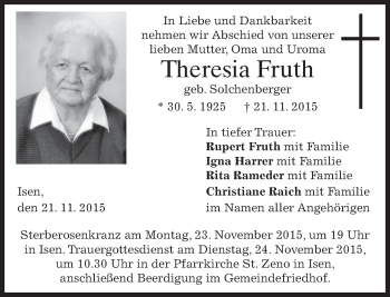 Traueranzeige von Theresia Fruth 