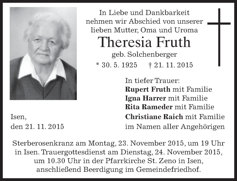  Traueranzeige für Theresia Fruth vom 23.11.2015 aus 