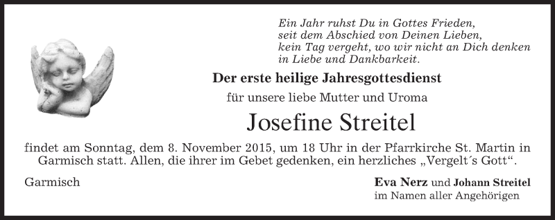  Traueranzeige für Josefine Streitel vom 07.11.2015 aus 