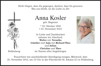 Traueranzeige von Anna Kosler 