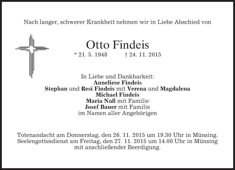  Traueranzeige für Otto Findeis vom 25.11.2015 aus 
