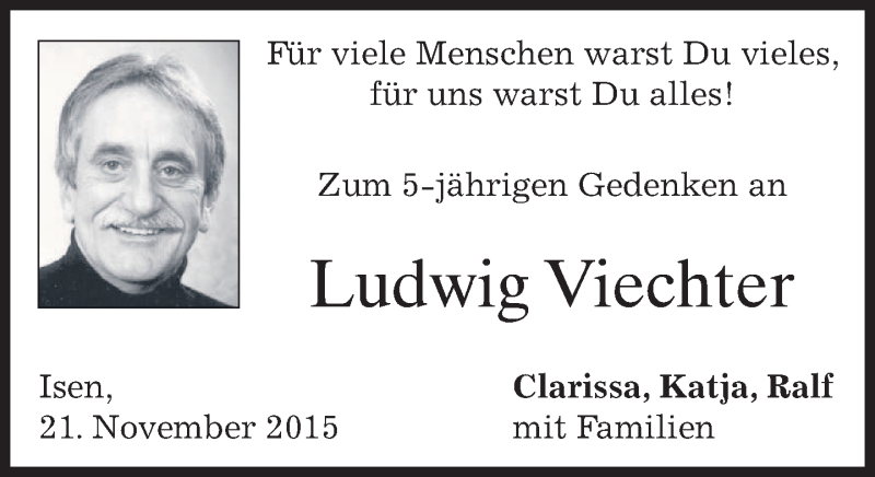  Traueranzeige für Ludwig Viechter vom 21.11.2015 aus 