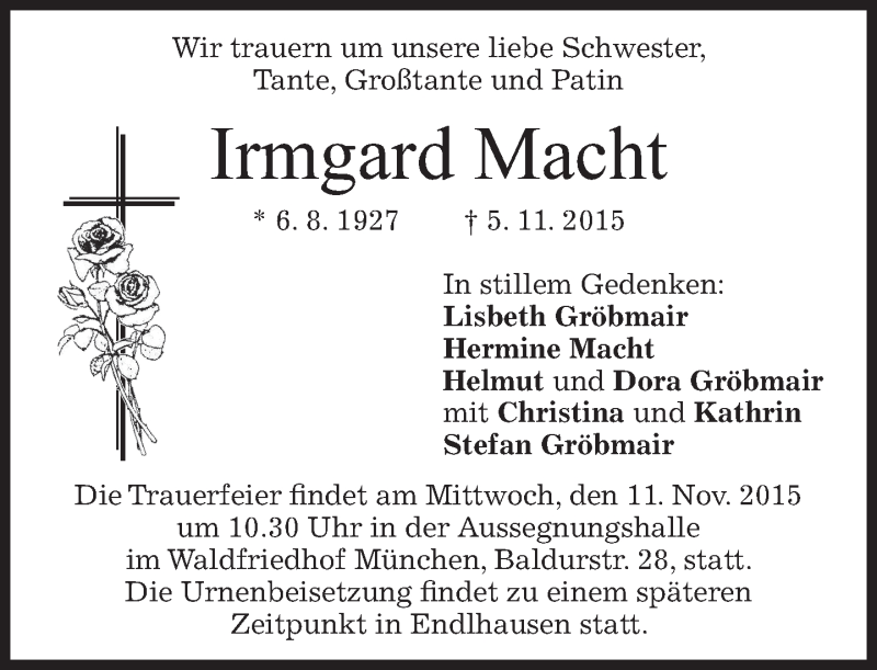  Traueranzeige für Irmgard Macht vom 09.11.2015 aus 