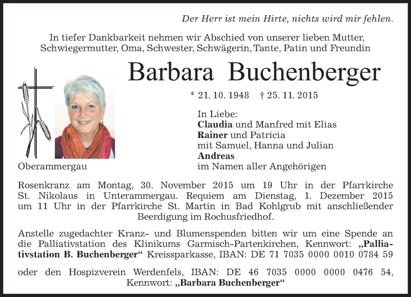 Traueranzeige für Barbara Buchenberger vom 28.11.2015 aus 
