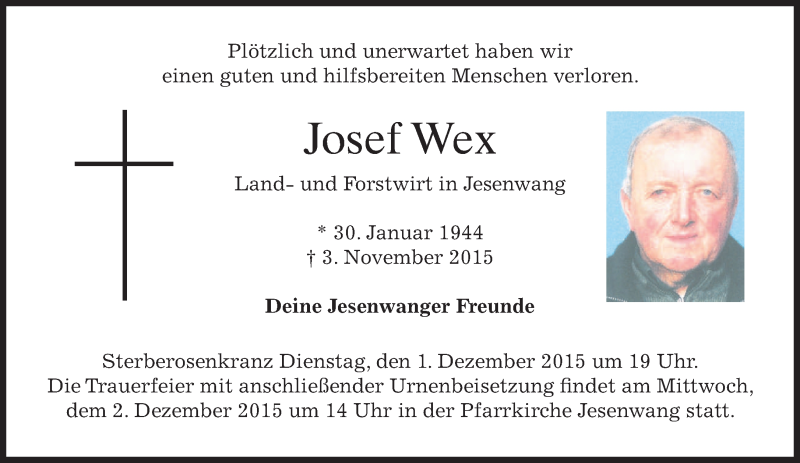  Traueranzeige für Josef Wex vom 28.11.2015 aus 