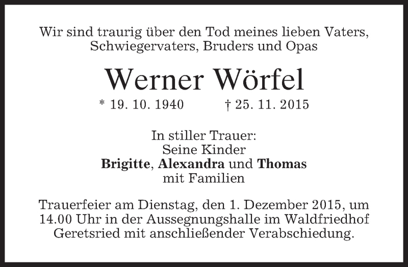  Traueranzeige für Werner Wörfel vom 28.11.2015 aus 