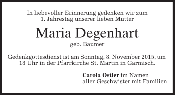 Traueranzeige von Maria Degenhart 