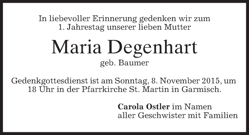  Traueranzeige für Maria Degenhart vom 06.11.2015 aus 