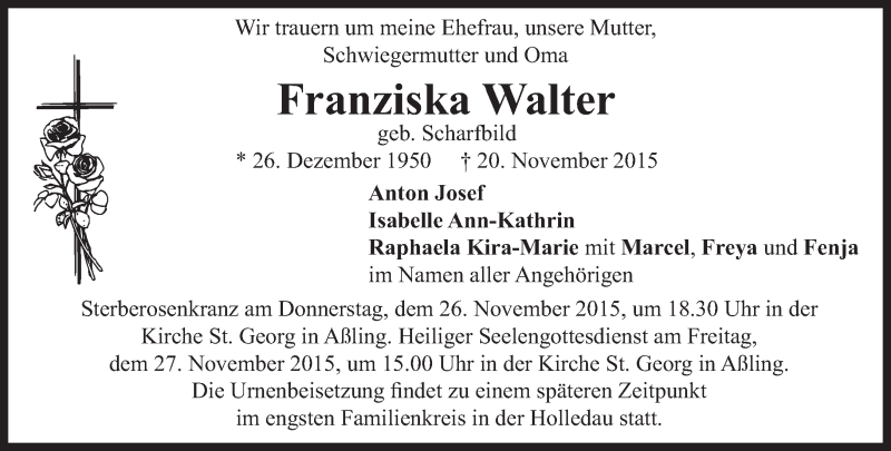  Traueranzeige für Franziska Walter vom 25.11.2015 aus 
