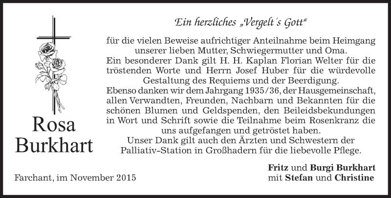  Traueranzeige für Rosa Burkhart vom 14.11.2015 aus 