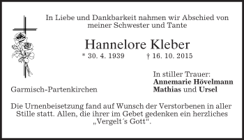 Traueranzeige von Hannelore Kleber 