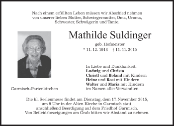 Traueranzeige von Mathilde Suldinger 