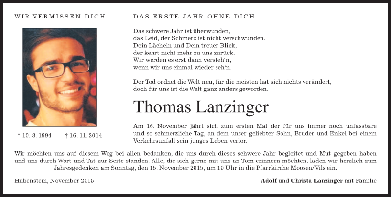  Traueranzeige für Thomas Lanzinger vom 14.11.2015 aus 