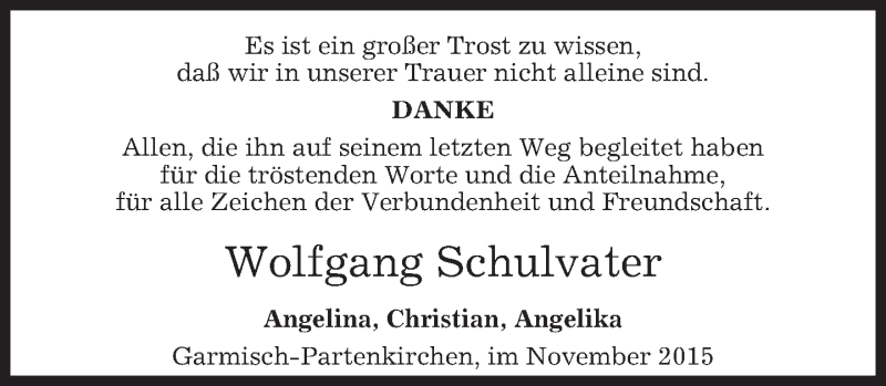  Traueranzeige für Wolfgang Schulvater vom 28.11.2015 aus 
