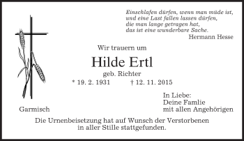 Traueranzeige von Hilde Ertl 