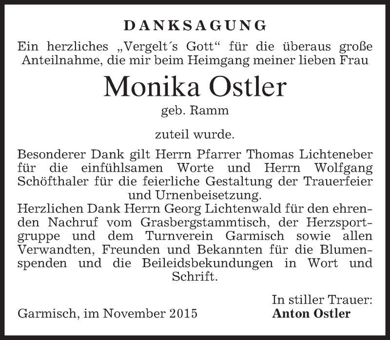  Traueranzeige für Monika Ostler vom 14.11.2015 aus 