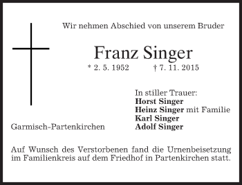 Traueranzeige von Franz Singer 
