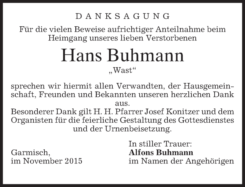  Traueranzeige für Hans Buhmann vom 14.11.2015 aus 