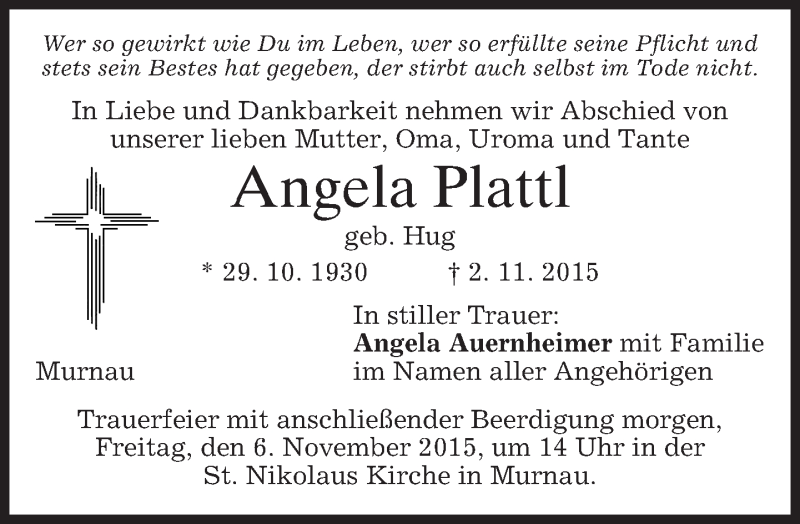  Traueranzeige für Angela Plattl vom 05.11.2015 aus 