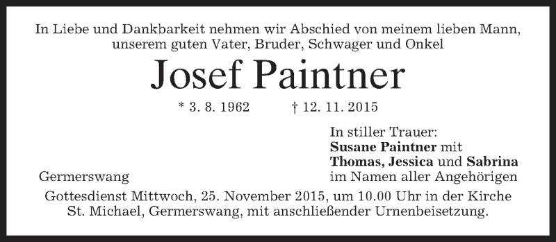  Traueranzeige für Josef Paintner vom 21.11.2015 aus 