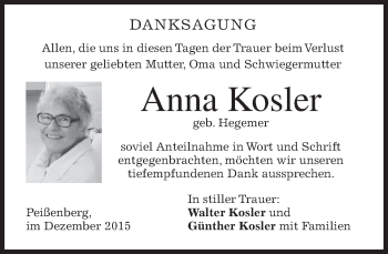 Traueranzeige von Anna Kosler 