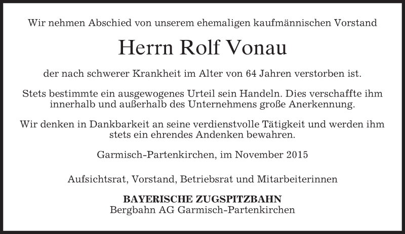  Traueranzeige für Rolf Vonau vom 09.12.2015 aus 