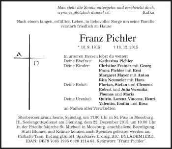 Traueranzeige von Franz Pichler 