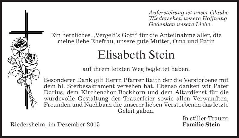  Traueranzeige für Elisabeth Stein vom 24.12.2015 aus 