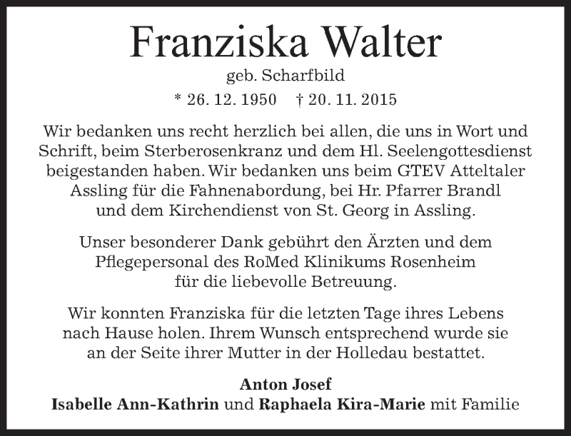  Traueranzeige für Franziska Walter vom 14.12.2015 aus 