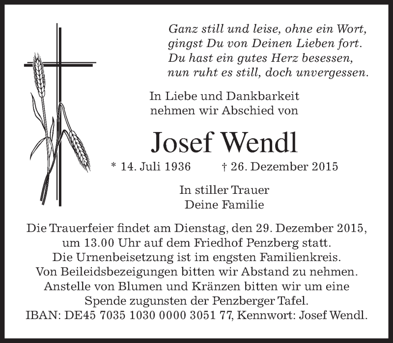  Traueranzeige für Josef Wendl vom 28.12.2015 aus 