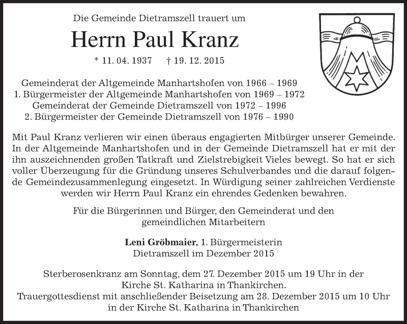  Traueranzeige für Paul Kranz vom 23.12.2015 aus 