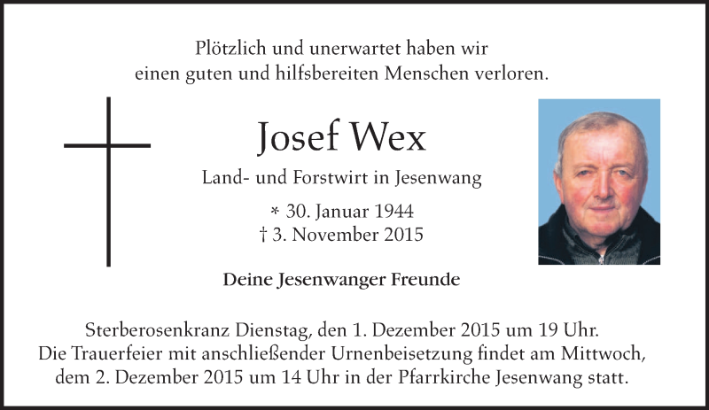  Traueranzeige für Josef Wex vom 01.12.2015 aus 